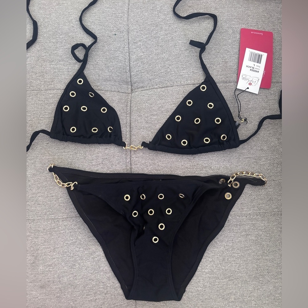 Forplay 2 Piece Black Gold Grommet and chain Bikini Set